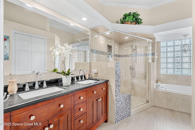 bathroom with shower with separate bathtub, vanity, tile patterned floors, and ornamental molding