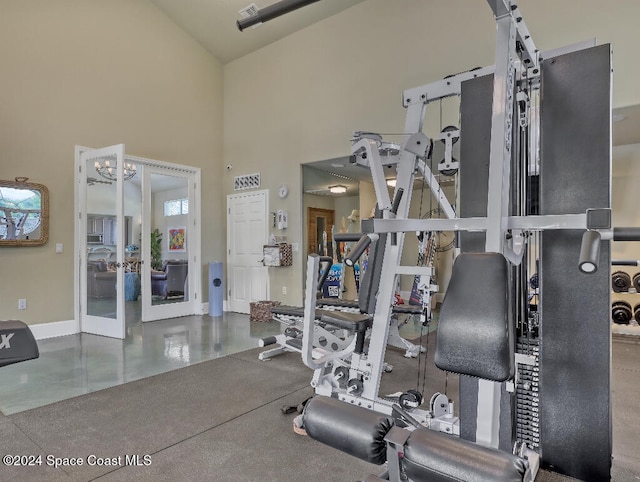 exercise room featuring a high ceiling and french doors