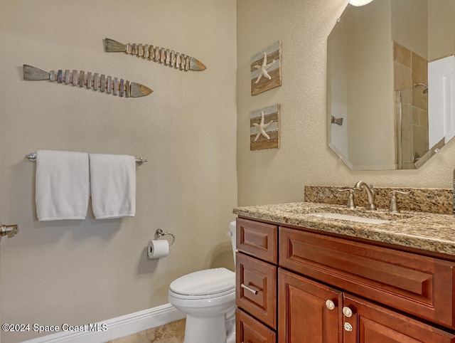 bathroom featuring a shower, vanity, and toilet