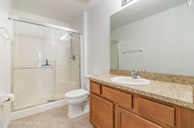 full bath with vanity, tile patterned flooring, a shower stall, and toilet