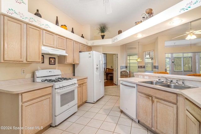 kitchen with white appliances, ceiling fan, sink, light brown cabinets, and light tile patterned floors