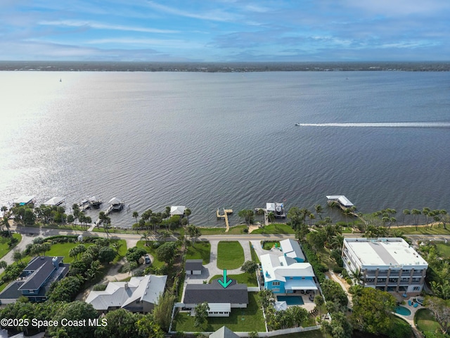 drone / aerial view featuring a water view