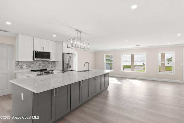 kitchen with pendant lighting, a large island with sink, white cabinets, sink, and stainless steel appliances