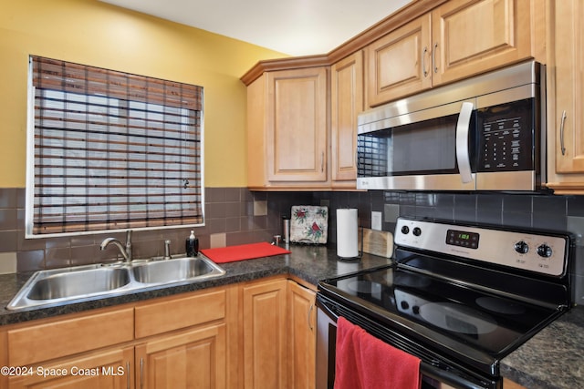 kitchen featuring backsplash, electric range, and sink