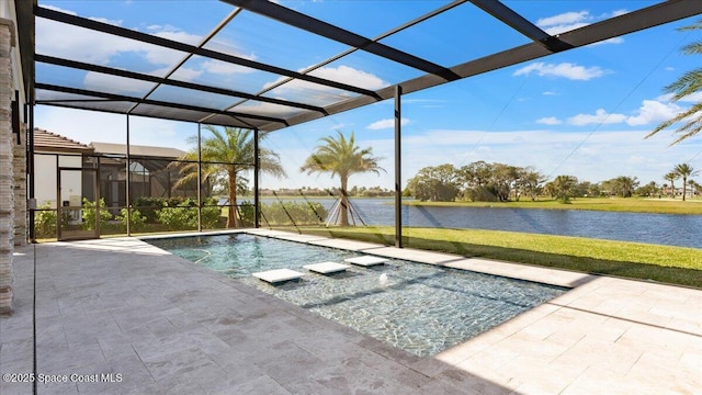 view of pool featuring a lanai, a patio area, a water view, and a yard