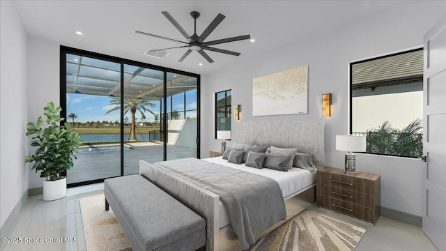 bedroom with expansive windows, access to outside, ceiling fan, and a water view