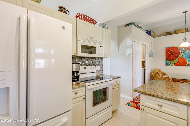 kitchen with white appliances, light tile patterned floors, decorative backsplash, light stone countertops, and pendant lighting