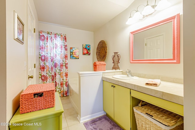 bathroom featuring shower / tub combo, tile patterned floors, and vanity