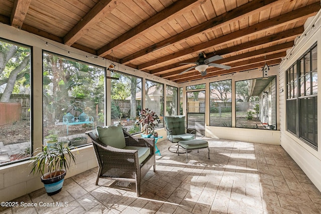 sunroom / solarium with ceiling fan, beam ceiling, and wood ceiling