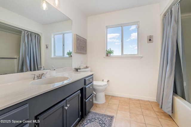 full bathroom with tile patterned floors, vanity, shower / bath combination with curtain, and toilet