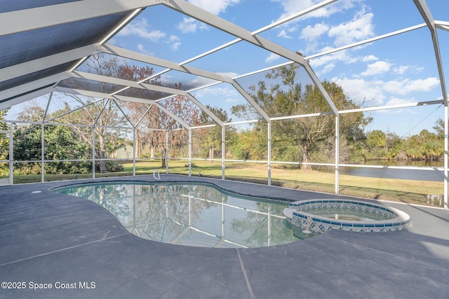 view of swimming pool with a lanai, a yard, a water view, and a patio