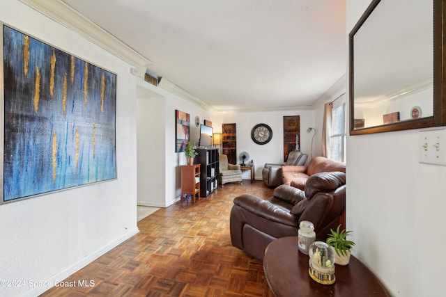 living room with crown molding and parquet flooring