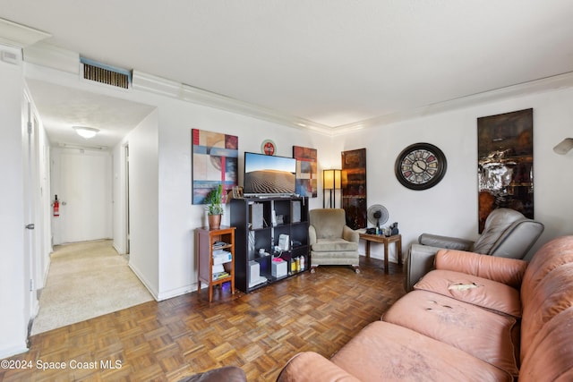 living room with dark parquet flooring