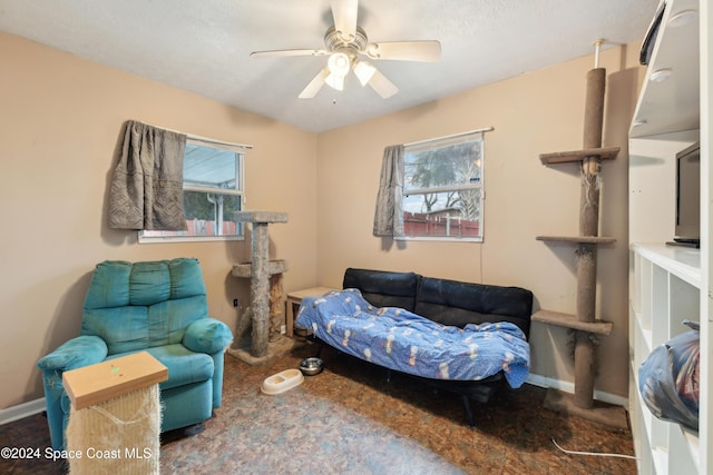 living area with ceiling fan