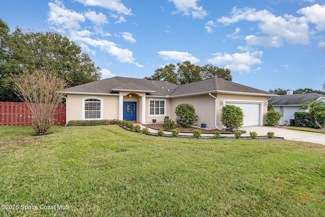 ranch-style house with a front yard and a garage