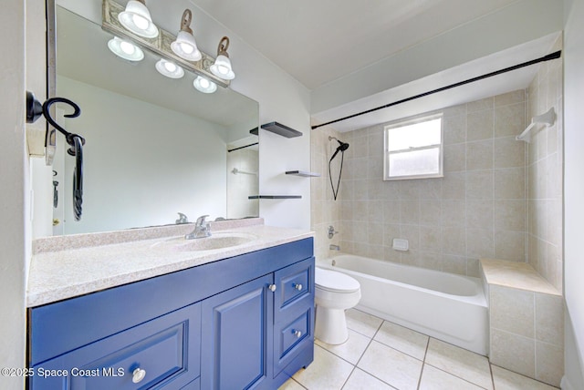 full bathroom featuring tile patterned floors, tiled shower / bath, vanity, and toilet