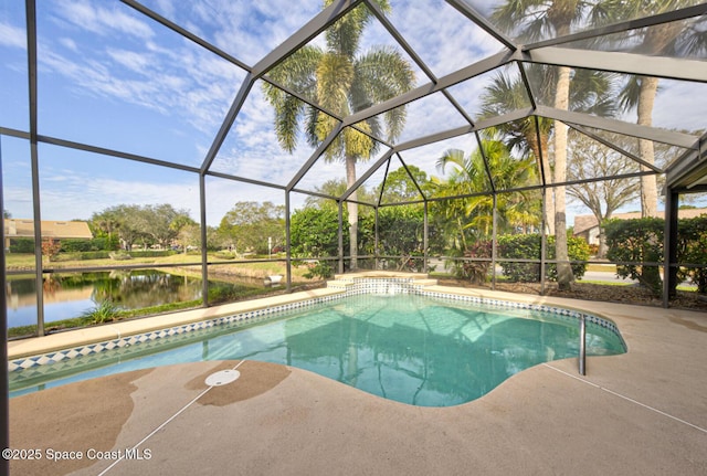 view of pool featuring a lanai, a water view, and a patio