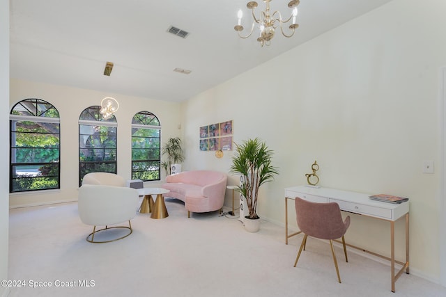 interior space with light carpet and a notable chandelier