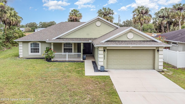 ranch-style home featuring stucco siding, a front lawn, fence, covered porch, and concrete driveway