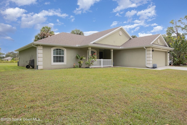 ranch-style home featuring a front lawn, covered porch, a garage, and stucco siding