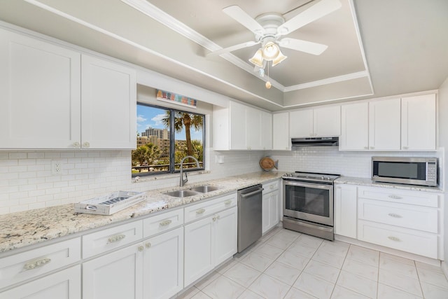 kitchen with tasteful backsplash, white cabinetry, sink, and appliances with stainless steel finishes