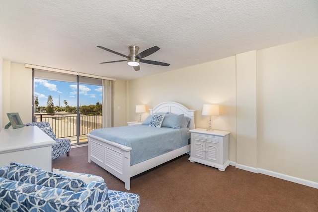 carpeted bedroom featuring ceiling fan, floor to ceiling windows, access to exterior, and a textured ceiling