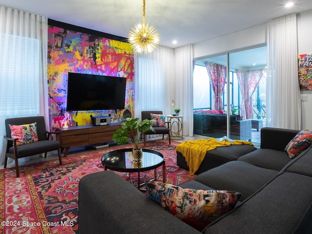 living room with a chandelier