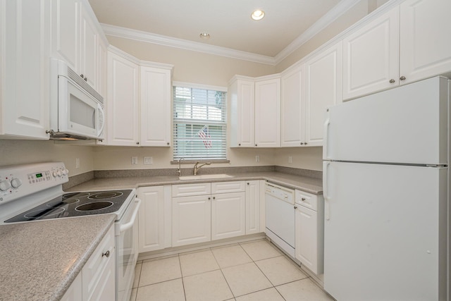 kitchen featuring ornamental molding, white appliances, sink, white cabinets, and light tile patterned flooring