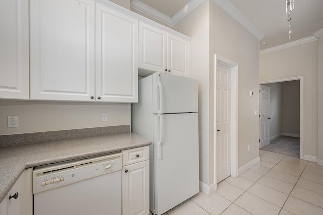 kitchen featuring white cabinetry, white appliances, and ornamental molding