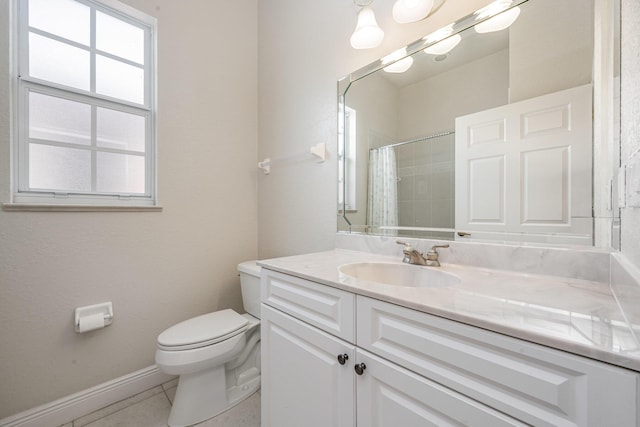 bathroom with toilet, a shower with curtain, vanity, and tile patterned floors