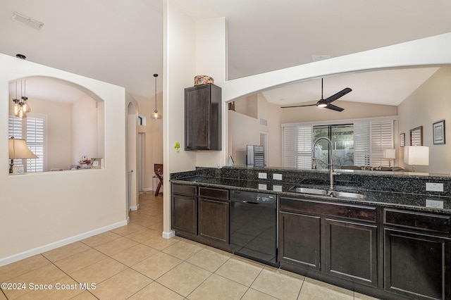 kitchen featuring ceiling fan with notable chandelier, sink, dark stone countertops, dishwasher, and light tile patterned flooring