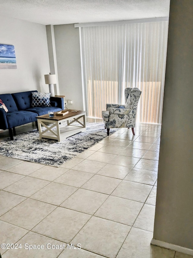 living room with a textured ceiling