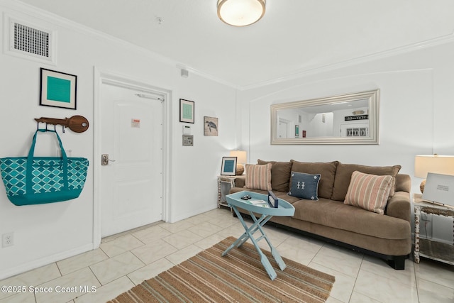 living room featuring tile patterned flooring and ornamental molding