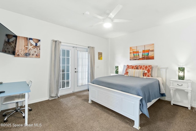 bedroom featuring dark colored carpet, ceiling fan, access to exterior, and french doors