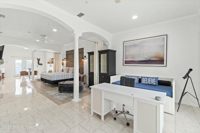 tiled bedroom featuring ornate columns, crown molding, and french doors