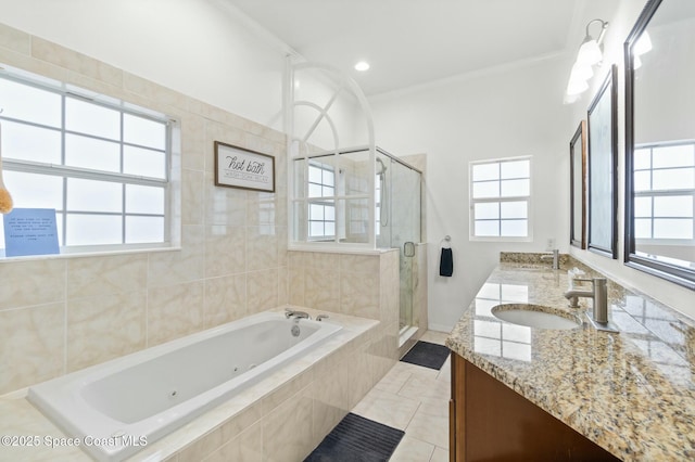 bathroom with tile patterned floors, vanity, crown molding, and plus walk in shower