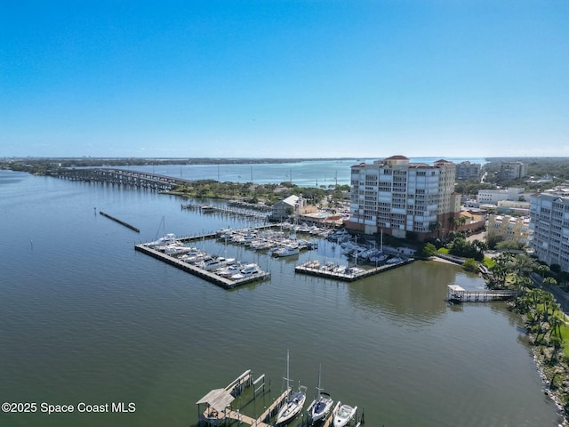 birds eye view of property featuring a water view