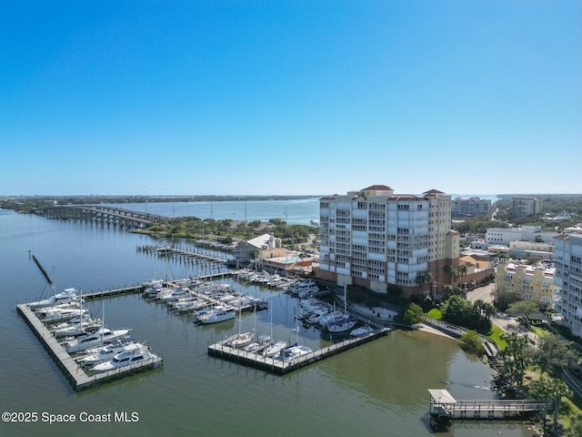 drone / aerial view with a water view