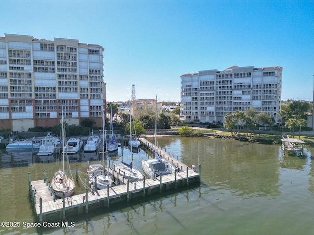 view of dock with a water view