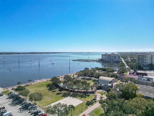 bird's eye view with a water view