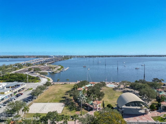 aerial view featuring a water view