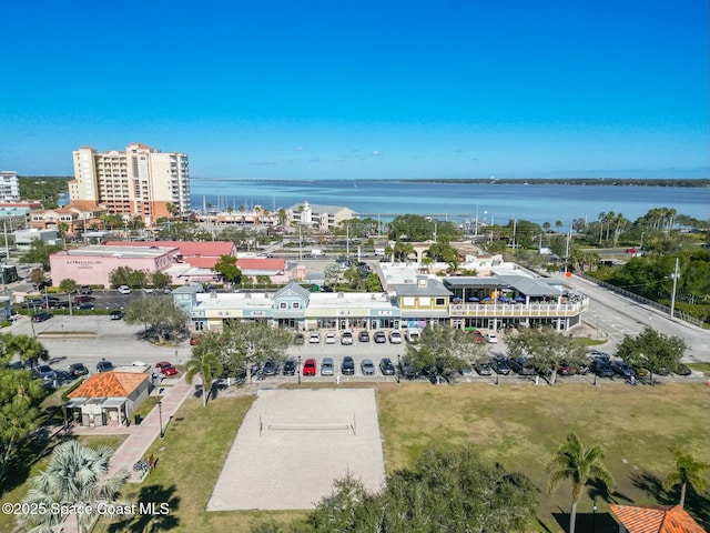 bird's eye view with a water view