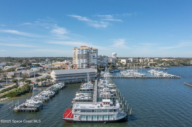 drone / aerial view with a water view