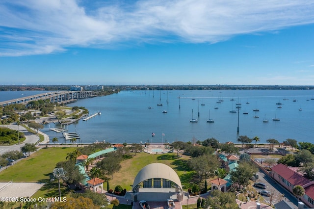 aerial view featuring a water view