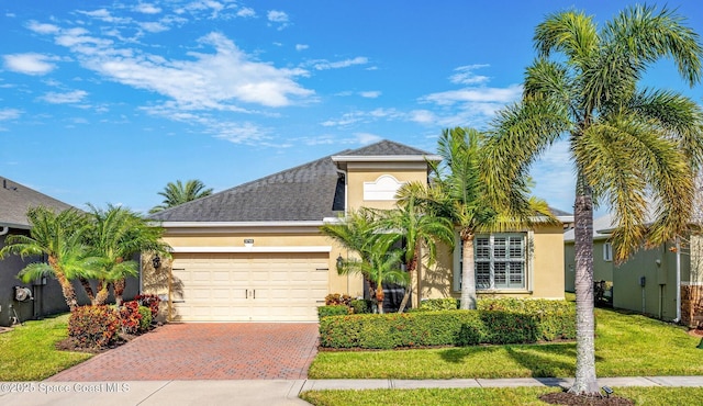 view of front of house with a front yard and a garage