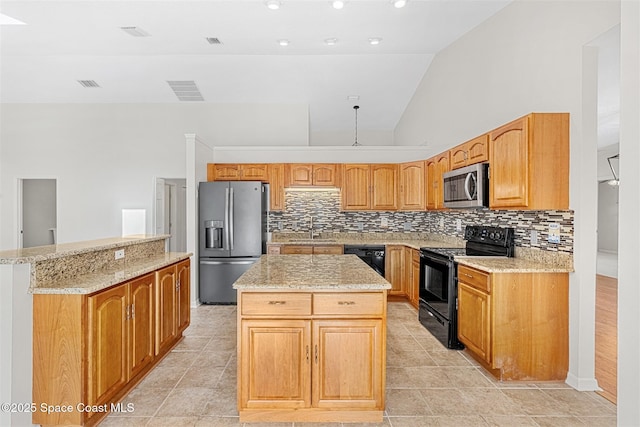 kitchen with a center island, black appliances, high vaulted ceiling, backsplash, and sink