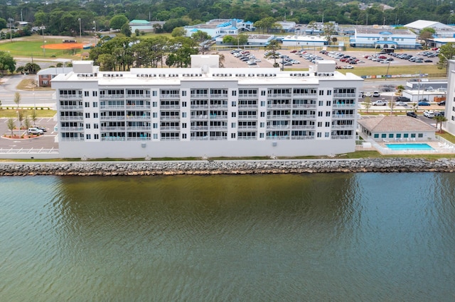 birds eye view of property featuring a water view