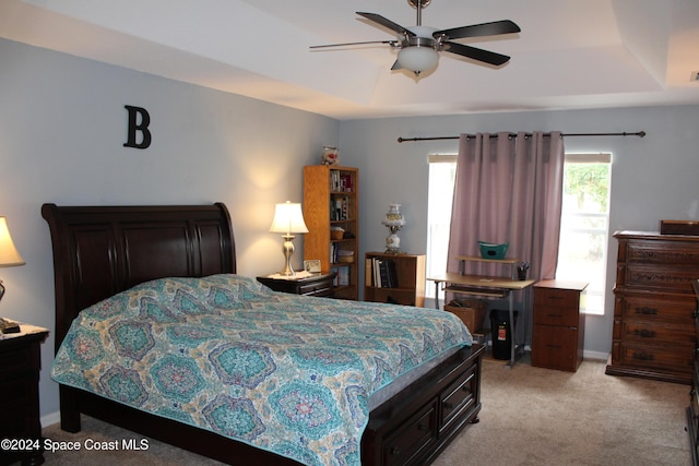 carpeted bedroom featuring a raised ceiling and ceiling fan