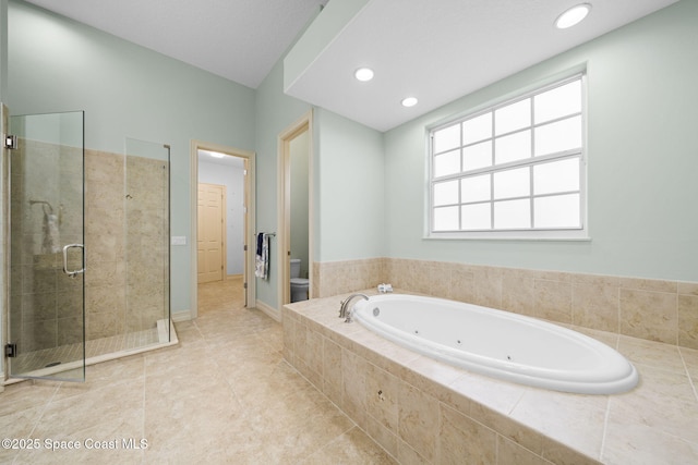 bathroom with tile patterned floors, independent shower and bath, and toilet