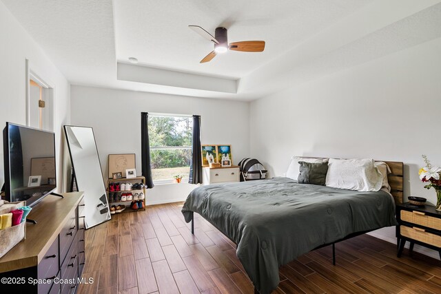 bedroom featuring ceiling fan and a tray ceiling